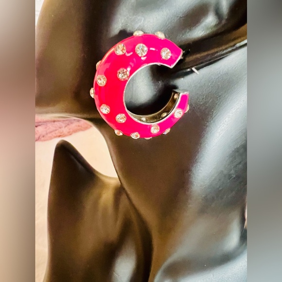 New Zara Statement Enamel in Bright Pink Hoops/Huggies with Silver Rhinestones - Picture 6 of 9